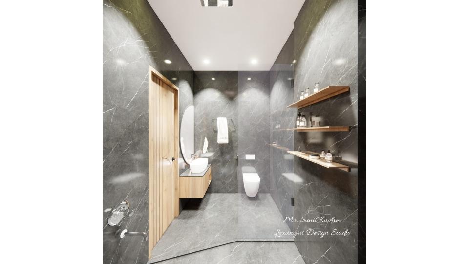 Showcasing toilet shower area and wc area with sleek vanity unit half moon shape mirror