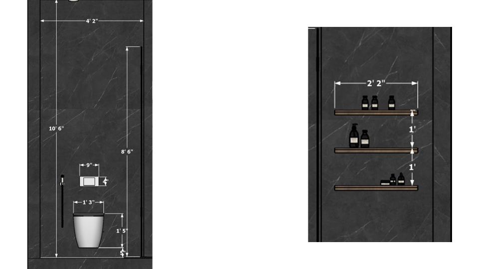 Toilet showcasing WC area and shower area with some shelf 2d dimensions