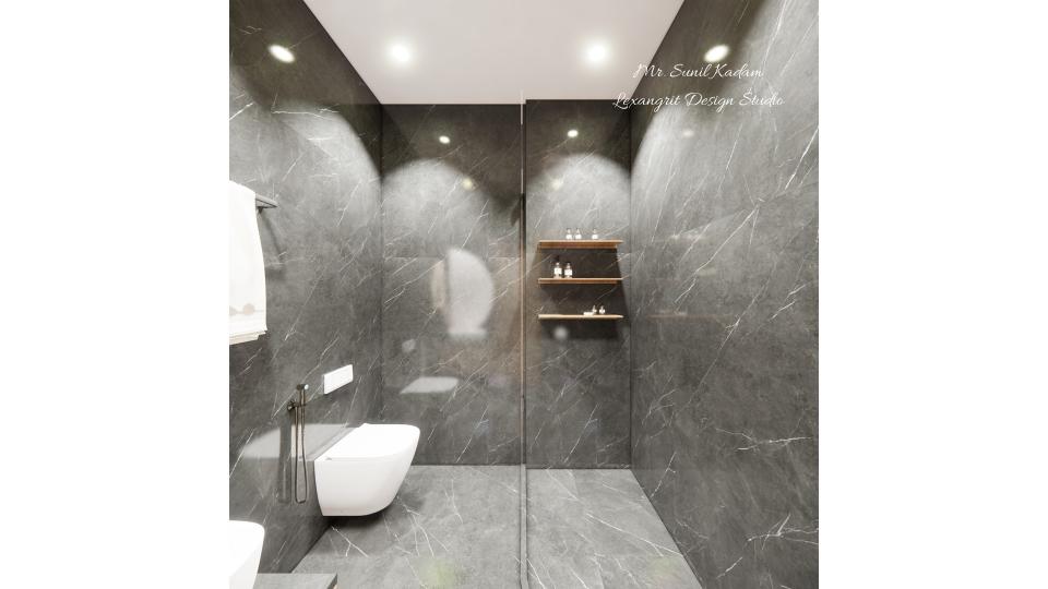 Toilet showcasing WC area and shower area with some shelf