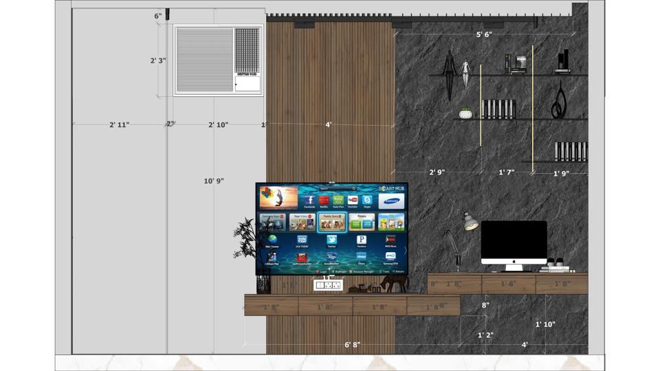 1st floor master bed room sleek tv unit & study unit view 2d dimensions