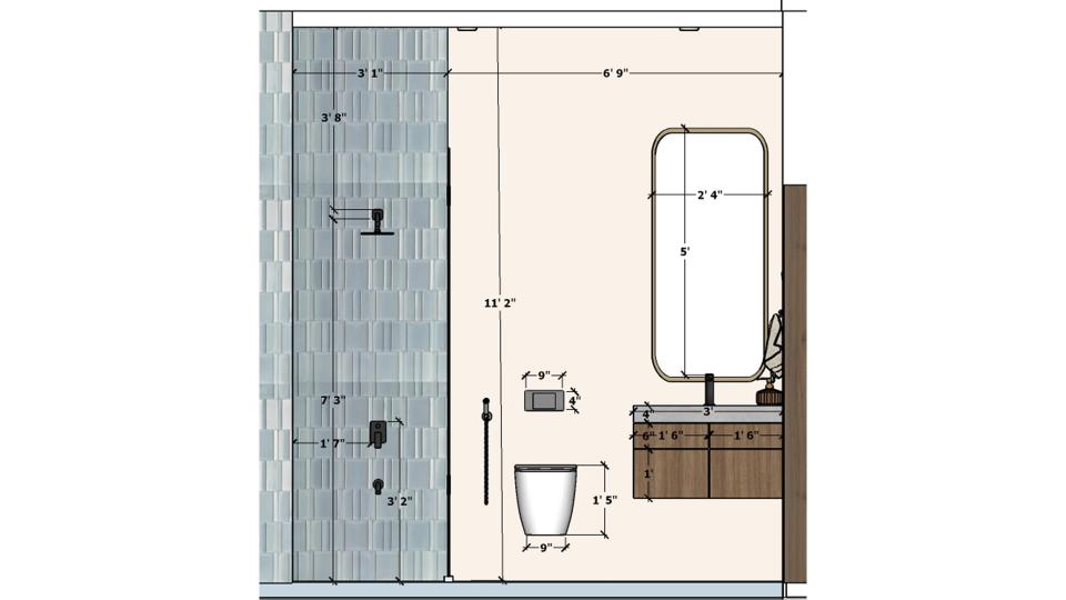 Bathroom entrance vanity unit with mirror & wc area , shower area view 2d dimensions