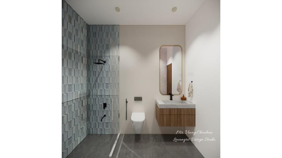 Bathroom entrance vanity unit with mirror & wc area , shower area view