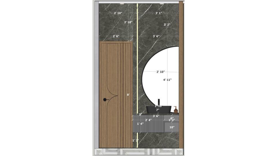 First floor bathroom entrance view , shower area ,wc area & vanity unit with half moon shape mirror 2d