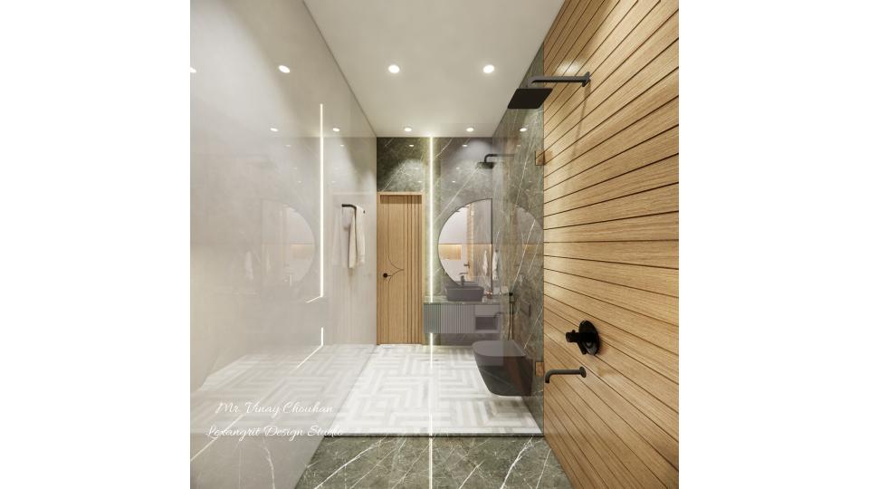 First floor bathroom entrance view , shower area ,wc area & vanity unit with half moon shape mirror