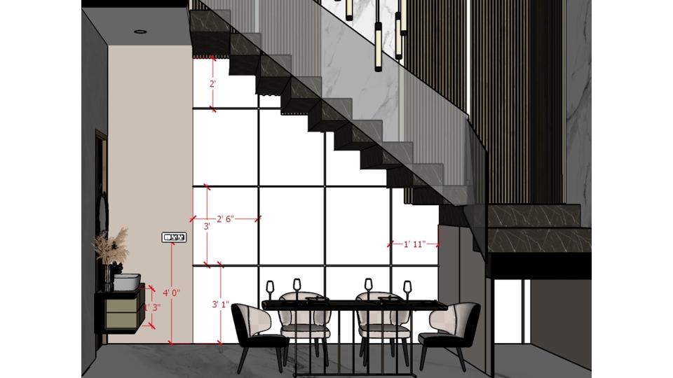 Image of the living room, dining room & stair case view 2d dimensions