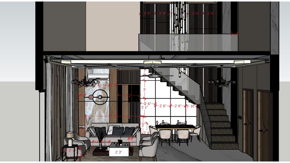 Image of the living room, dining room & stair case view 2d dimensions