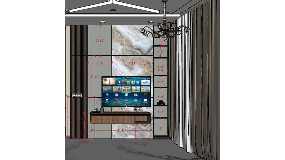 Image of the living room featuring a modern entertainment center with a flat-screen TV and built-in shelves against a sleek accent wall 2d dimensions