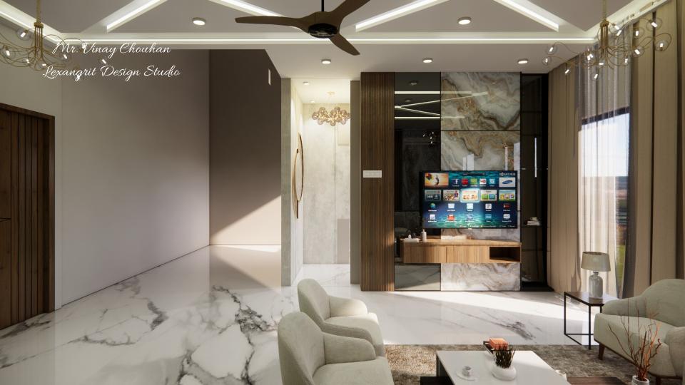 Image of the living room featuring a modern entertainment center with a flat-screen TV and built-in shelves against a sleek accent wall