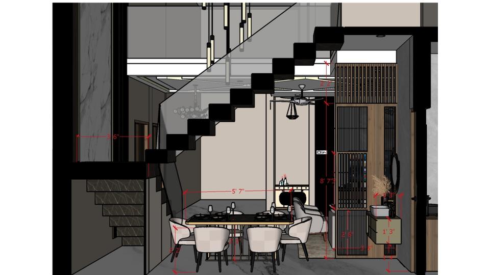 Image of the living room highlighting a spacious dining area with a contemporary dining table, chairs, and an elegant chandelier against a decorated wall 2d dimensions