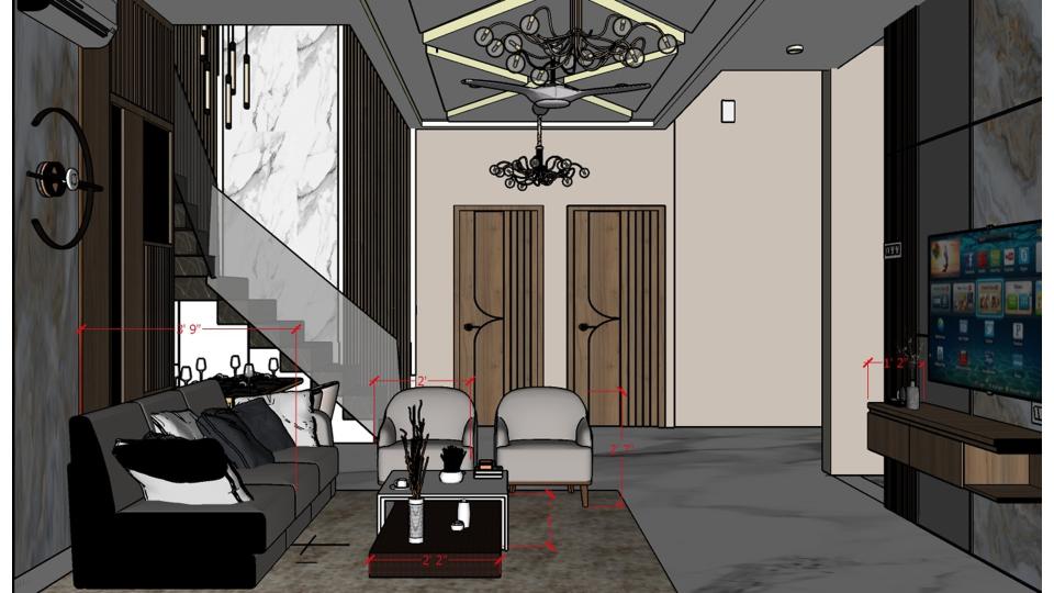 Image of the living room highlighting a spacious dining area with a contemporary dining table, chairs, and an elegant chandelier against a decorated wall 2d dimensions