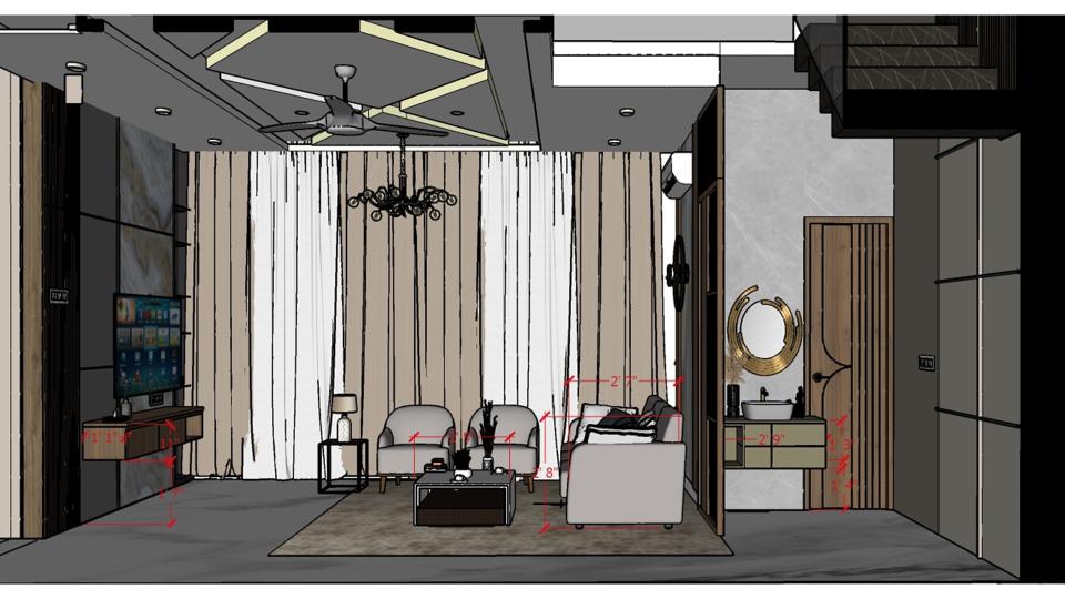 Image of the living room highlighting a spacious dining area with a contemporary dining table, chairs, and an elegant chandelier against a decorated wall 2d  dimensions