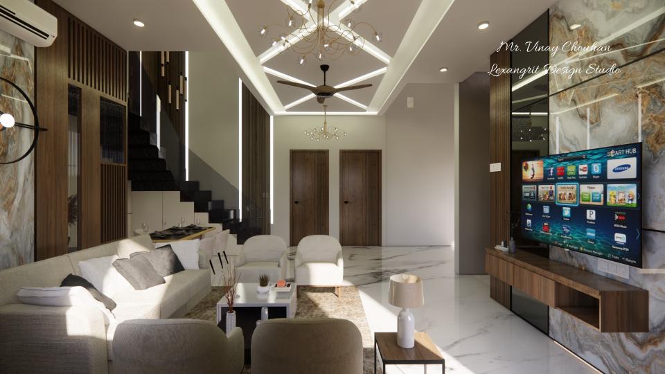 Image of the living room highlighting a spacious dining area with a contemporary dining table, chairs, and an elegant chandelier against a decorated wall
