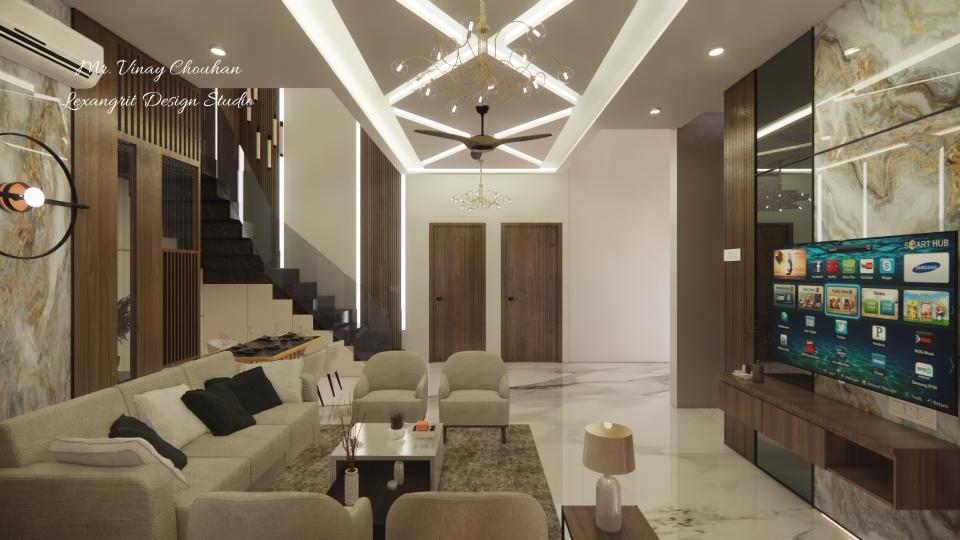 Image of the living room highlighting a spacious dining area with a contemporary dining table, chairs, and an elegant chandelier against a decorated wall