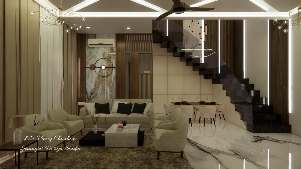 Image of the living room highlighting a spacious dining area with a contemporary dining table, chairs, and an elegant chandelier against a decorated wall