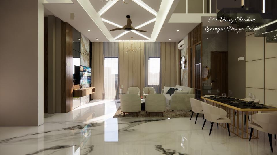 Image of the living room highlighting a spacious dining area with a contemporary dining table, chairs, and an elegant chandelier against a decorated wall