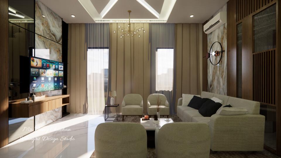 Image of the living room showcasing a comfortable seating area with a large sofa, coffee table, and a stylish lamp against a neutral-toned wall