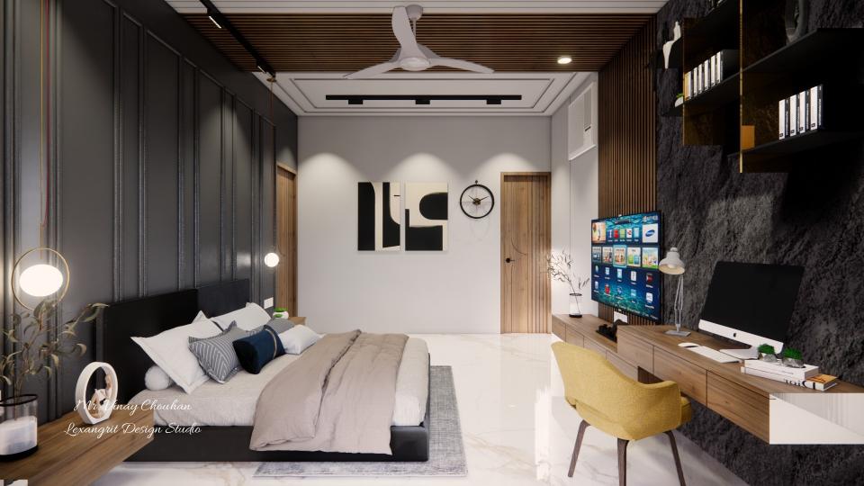 Image of the master bed room displaying a stylish bookcase filled with books and decorative items against a neutral-toned wall