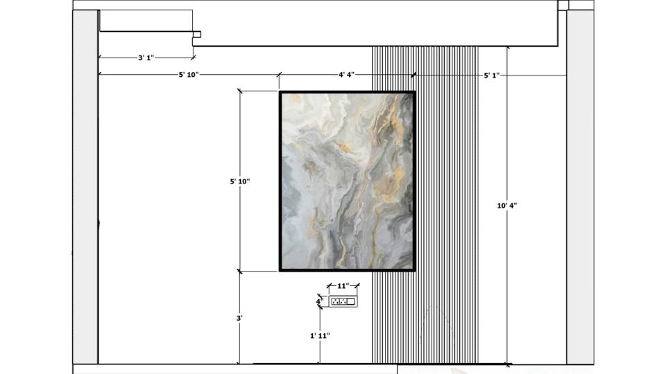 Image of the master bedroom displaying a comfortable seating area with a chaise lounge, side table, and a lamp against a decorated wall 2d dimensions