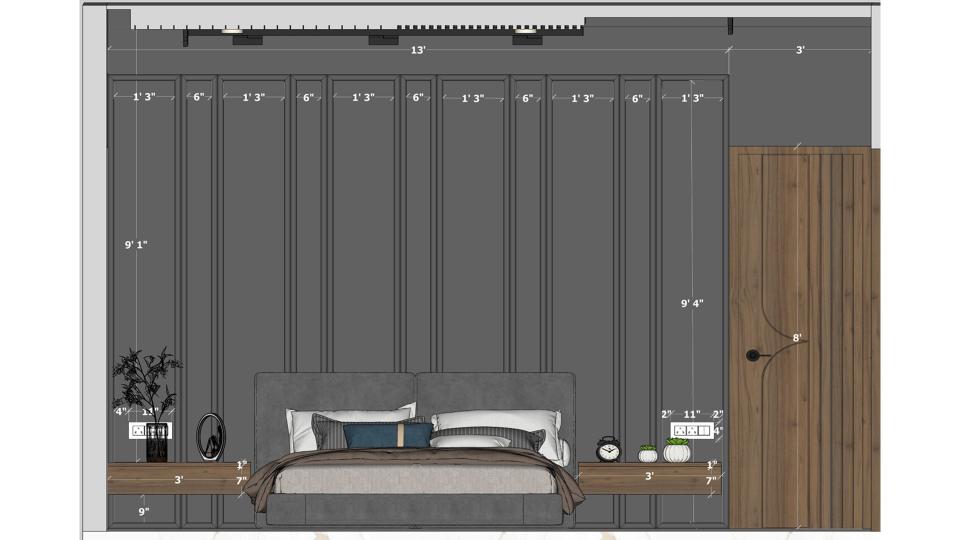 Image of the master bedroom featuring a luxurious bed with a tufted headboard, bedside tables, and pendant lights against an accent wall 2d view