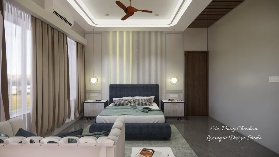 Image of the master bedroom featuring a luxurious bed with a tufted headboard, bedside tables, and pendant lights against an accent wall