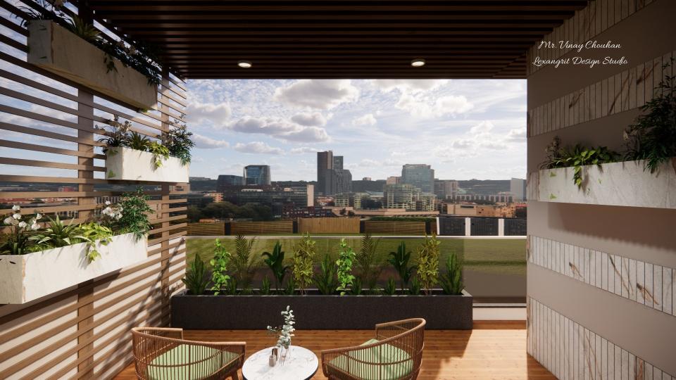Open balcony ceiling design with wooden louvers ceiling, recessed lights, planter boxes, cane chairs and city view