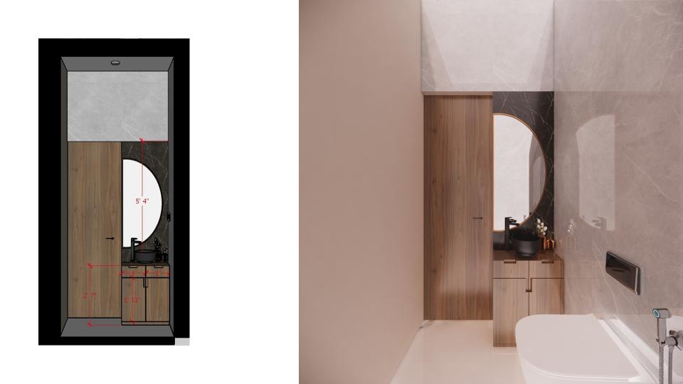 Powder bathroom entrance area & venity unit with half moon mirror & 2d dimensions