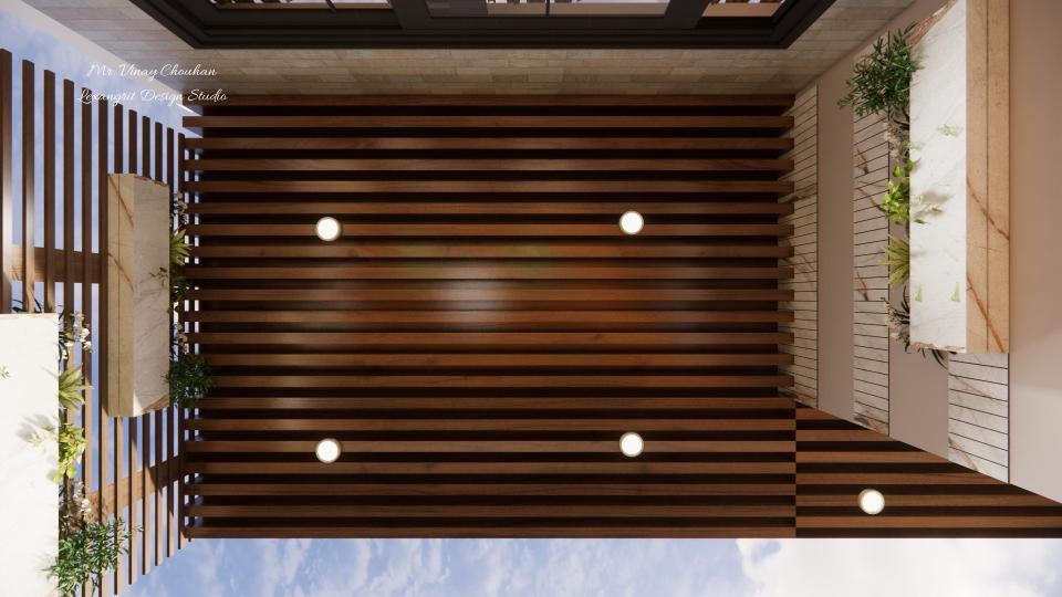 Top view of a wooden PVC louvers balcony ceiling design with recessed round lights, marble-finish planters and green plants
