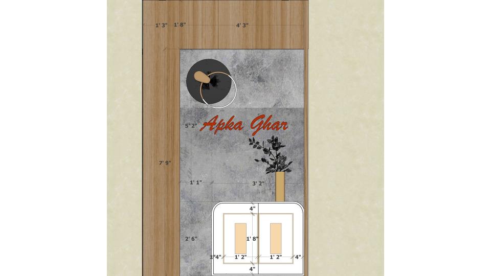 Image of the foyer area showing name plate and shoes unit against a decorative wall  2d dimensions