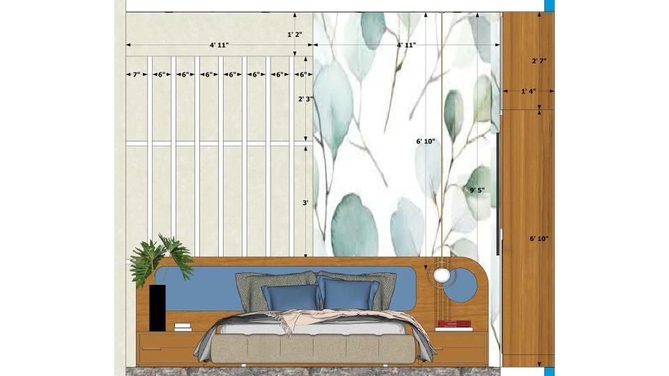 Image of the guest bedroom featuring a cozy bed with a wooden headboard, bedside tables, and table lamps against a light-colored wall 2d dimensions