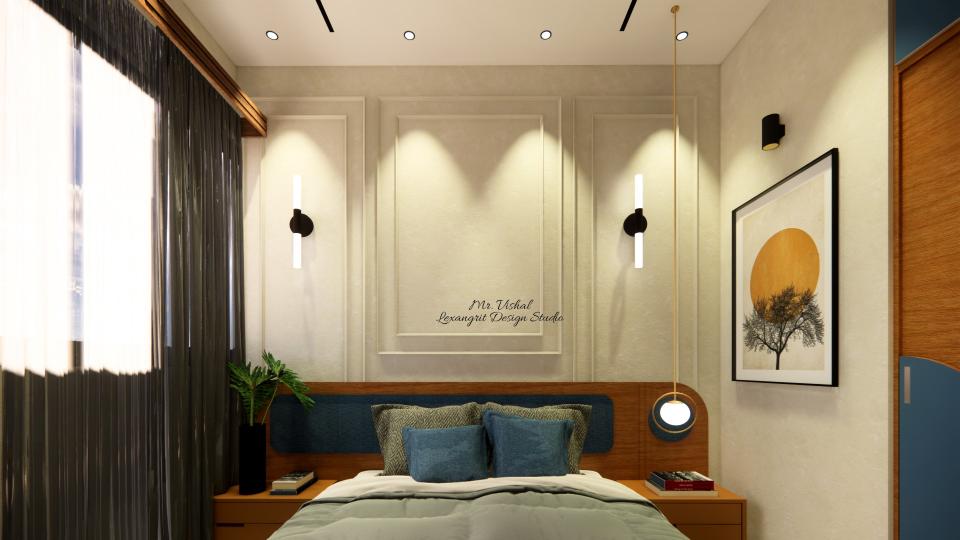 Image of the guest bedroom featuring a cozy bed with a wooden headboard, bedside tables, and table lamps against a light-colored wall