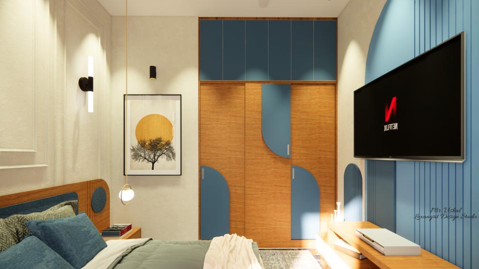 Image of the guest bedroom showcasing sleek tv unit and stylish sliding wardrobe