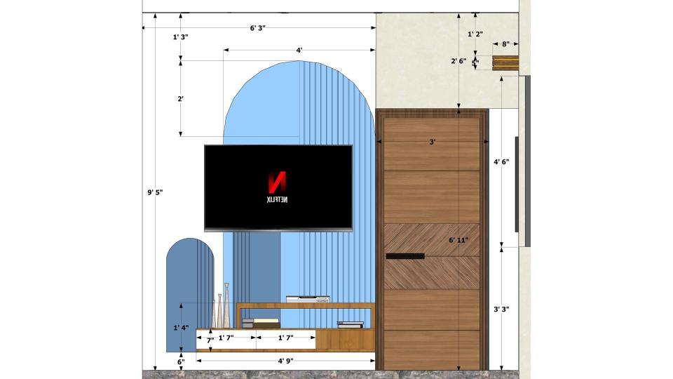 Image of the guest room showcasing sleek tv unit and stylish sliding wardrobe 2d dimensions