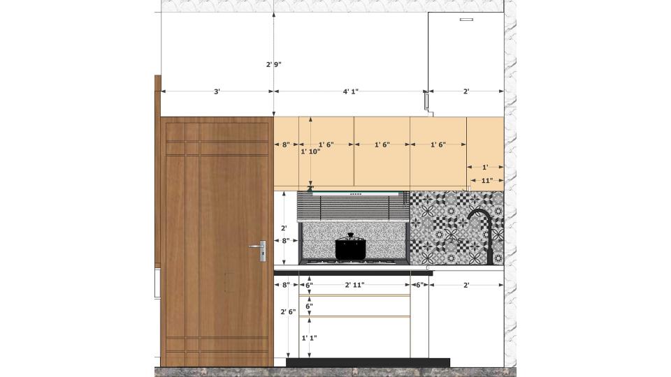 Image of the kitchen displaying a functional cooking area with a gas stove, oven, and a range hood against a tiled wall 2d dimensions
