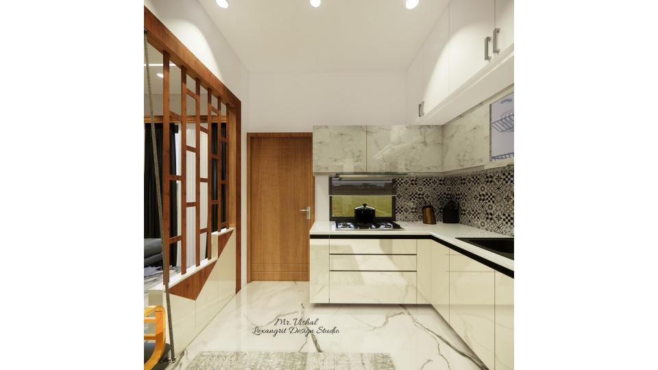 Image of the kitchen displaying a functional cooking area with a gas stove, oven, and a range hood against a tiled wall