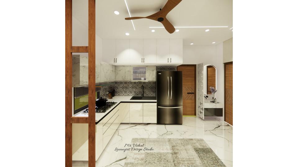 Image of the kitchen showcasing a spacious pantry area with sink unit and storage units against a clean, bright wall