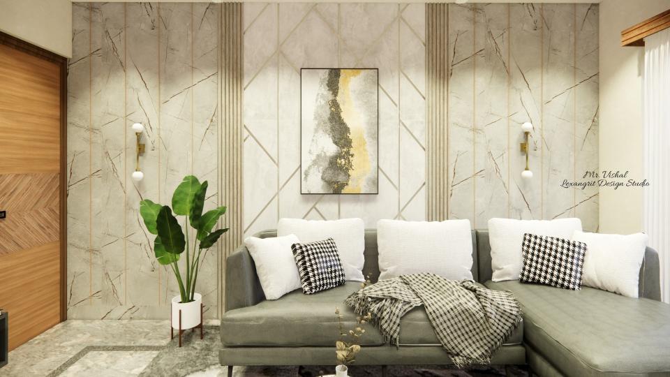 Image of the living room showcasing a comfortable seating area with a large sofa, coffee table, and a decorative wall against a neutral-toned wall