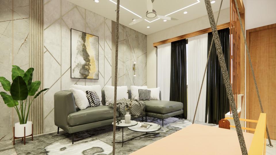 Image of the living room showcasing a comfortable seating area with a large sofa, coffee table, and a stylish lamp against a neutral-toned wall