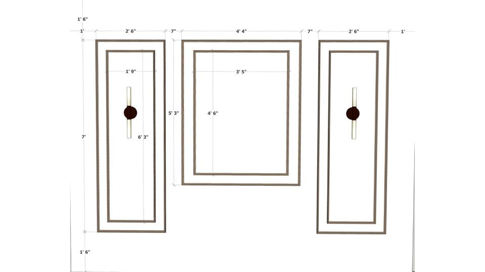 Image of the master bedroom featuring a luxurious bed with a tufted headboard, bedside tables, and pendant lights against an accent wall 2d dimensions