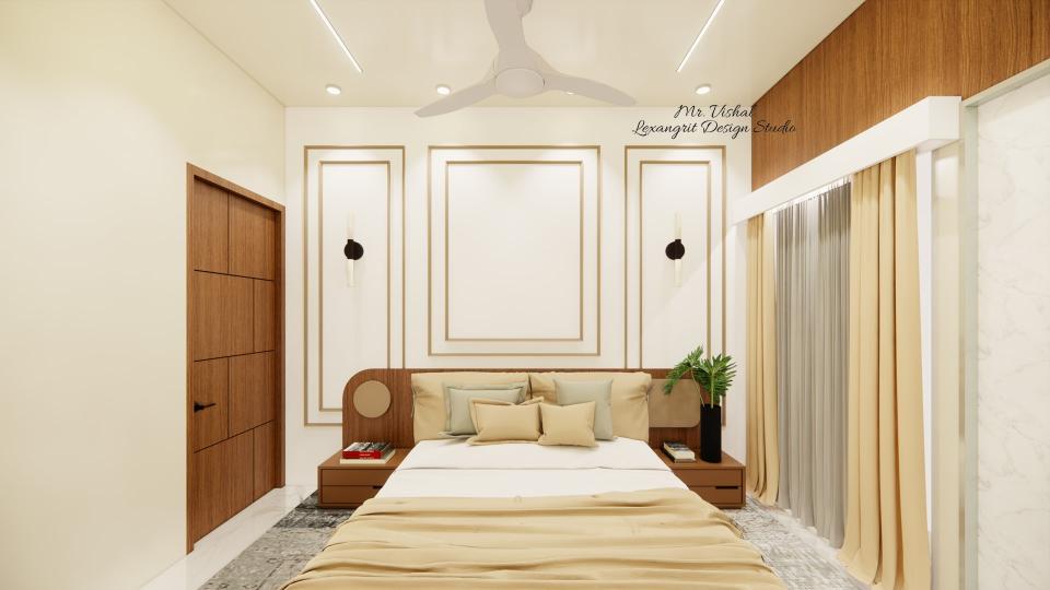 Image of the master bedroom featuring a luxurious bed with a tufted headboard, bedside tables, and pendant lights against an accent wall
