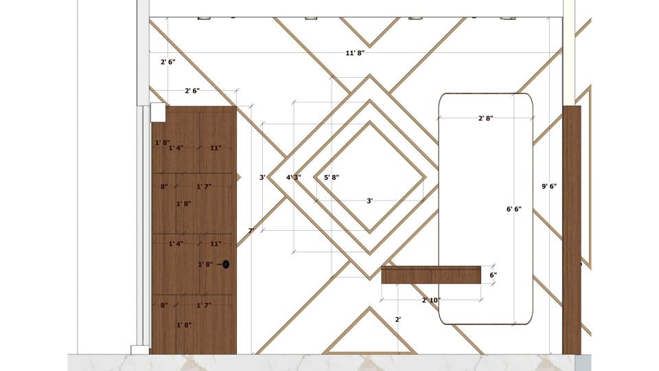 Image of the master bedroom showcasing a stylish dresser with a large mirror and decorative items against a soft-colored wall 2d dimensions