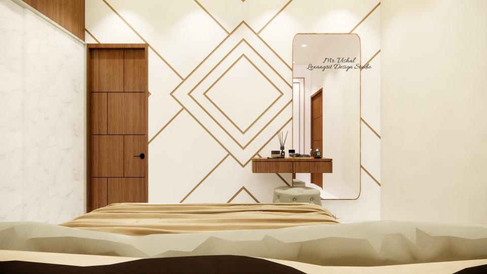 Image of the master bedroom showcasing a stylish dresser with a large mirror and decorative items against a soft-colored wall