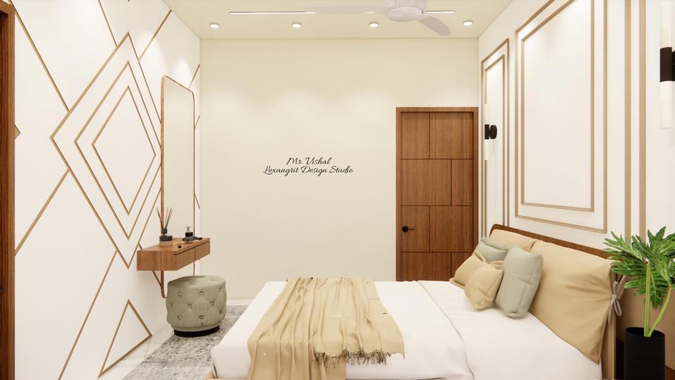 Image of the master bedroom showcasing a stylish dresser with a large mirror and luxurious bed with a tufted headboard,  against a soft-colored wall