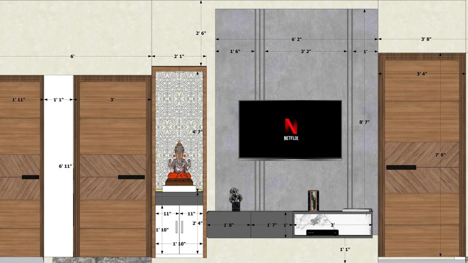 Image of the living room featuring a modern entertainment center with a flat-screen TV and built-in shelves against a sleek accent wall and puja unit 2d dimensions