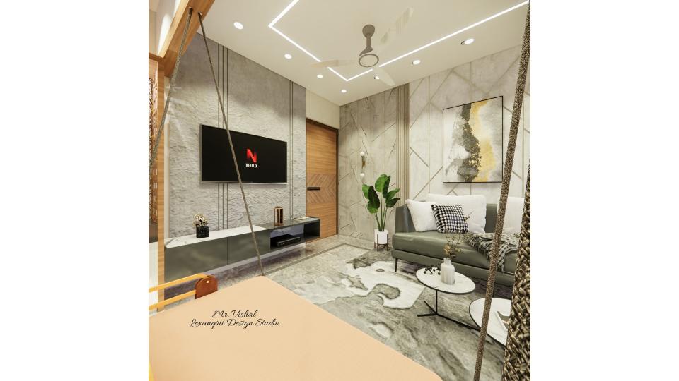 Showcasing living room sleek tv unit some storage and seating area  against a decorative wall