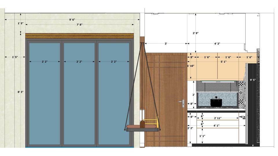 Showcasing living room window, decorative wall and modular kitchen cooking area 2d dimensions