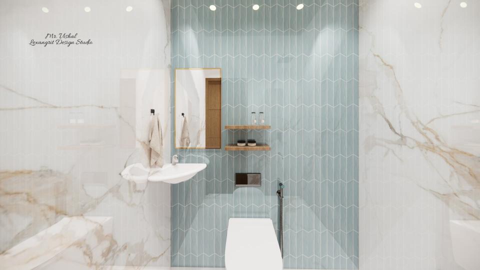 Toilet 1 showing wc area and open shelf,small basin & small mirror