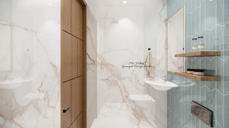 Toilet 1 showing wc area and open shelf,small basin & small mirror