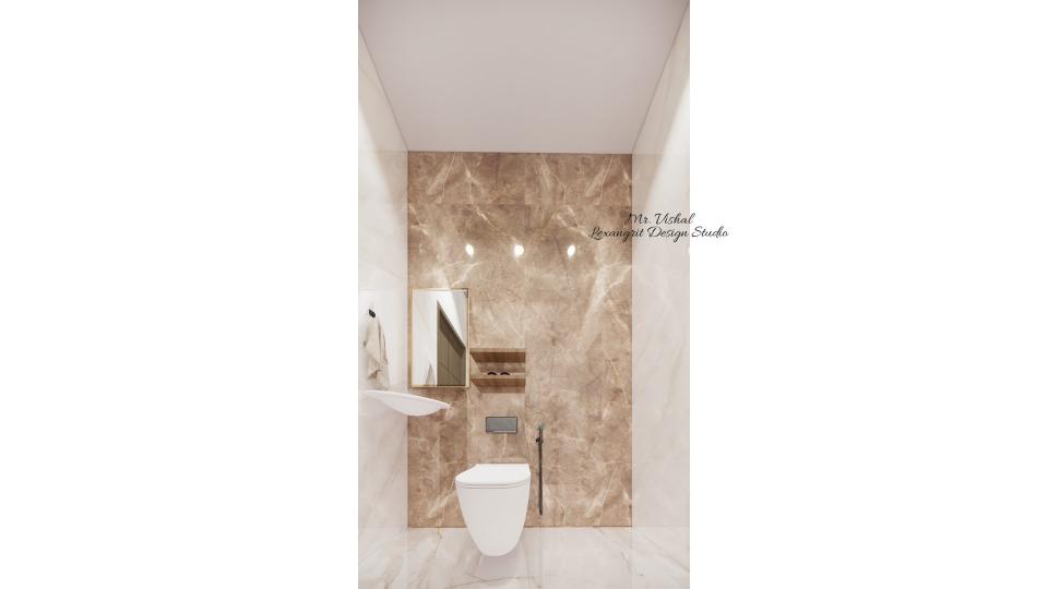 Toilet 2 showing wc area and open shelf,small basin & small mirror