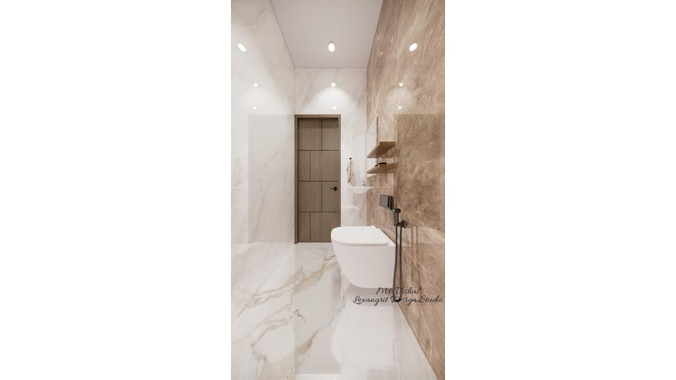 Toilet 2 showing wc area and open shelf,small basin & small mirror