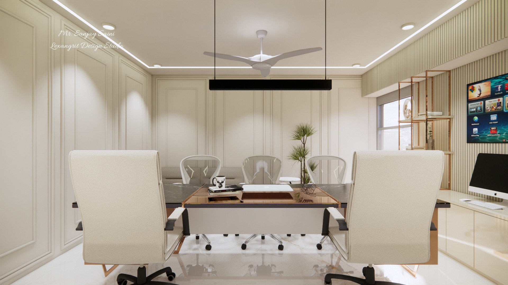 Office meeting room with cream high-back chairs, glass conference table, ribbed wood shelving, pale wall panels, and glossy stone flooring.